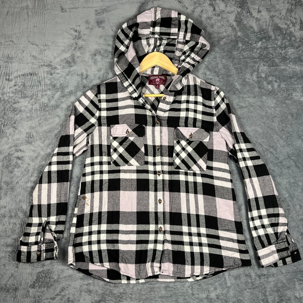 Hippie Rose Flannel Shirt Womens Medium Black White Plaid Hooded Button Up Cozy